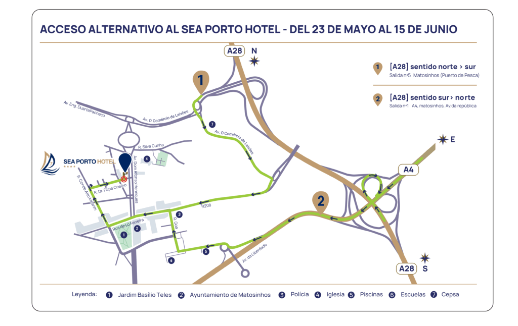 Mapa de acceso alternativo al Sea Porto Hotel durante las Fiestas del Señor de Matosinhos 2025